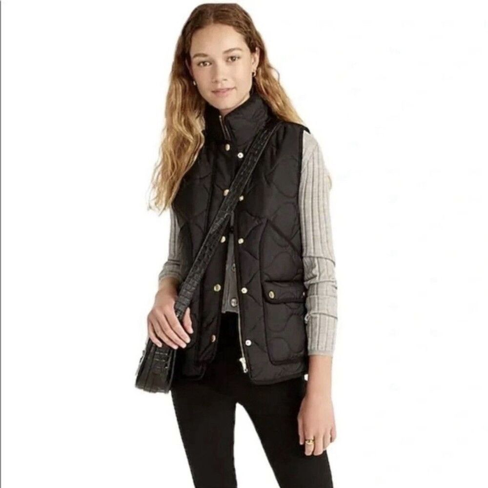 J. Crew Signature Puffer Vest Quilted Black Pockets Full Zip Snap Front